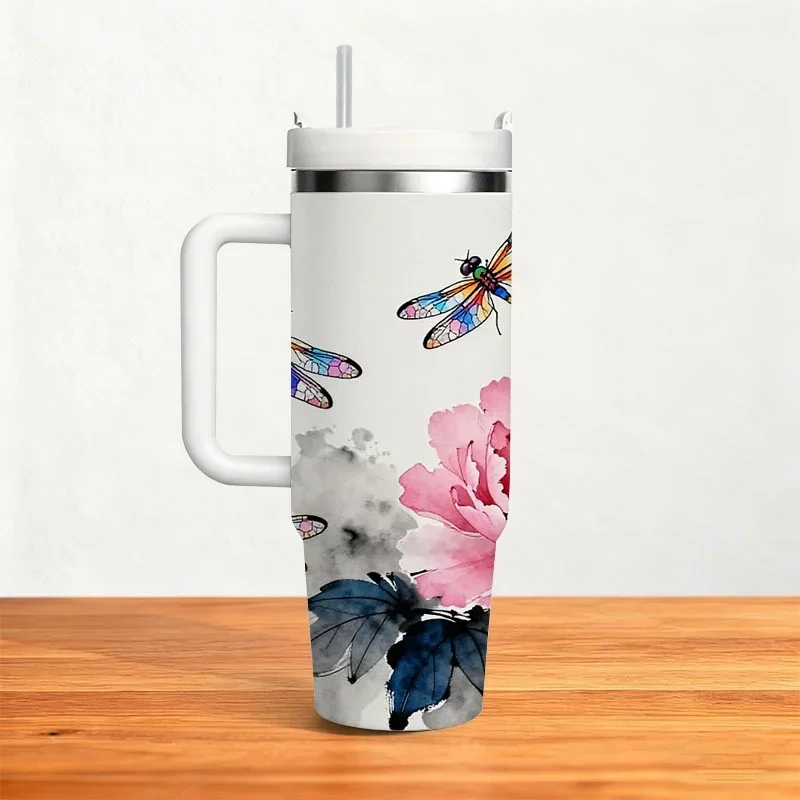 40oz Chinese Ink Wash Colorful Dragonfly Pink Peony Floral Print Insulated Stainless Steel Travel Tumbler With White Handle Straw Lid Large Thermal Cup