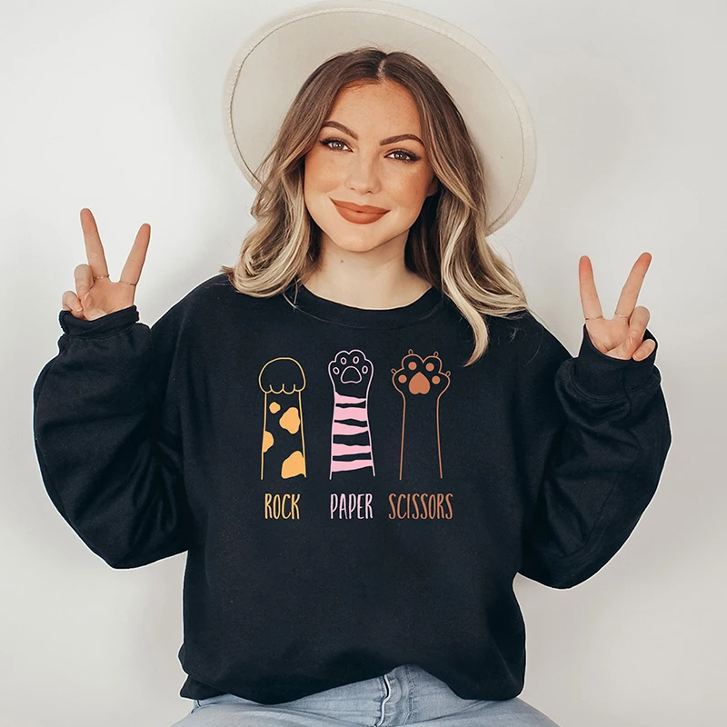 Rock Paper Scissors Women Sweatshirt Funny Dog Paws Printed Ladies Jumpers Harajuku Cotton Long Sleeve Hoodies Kawaii Clothes