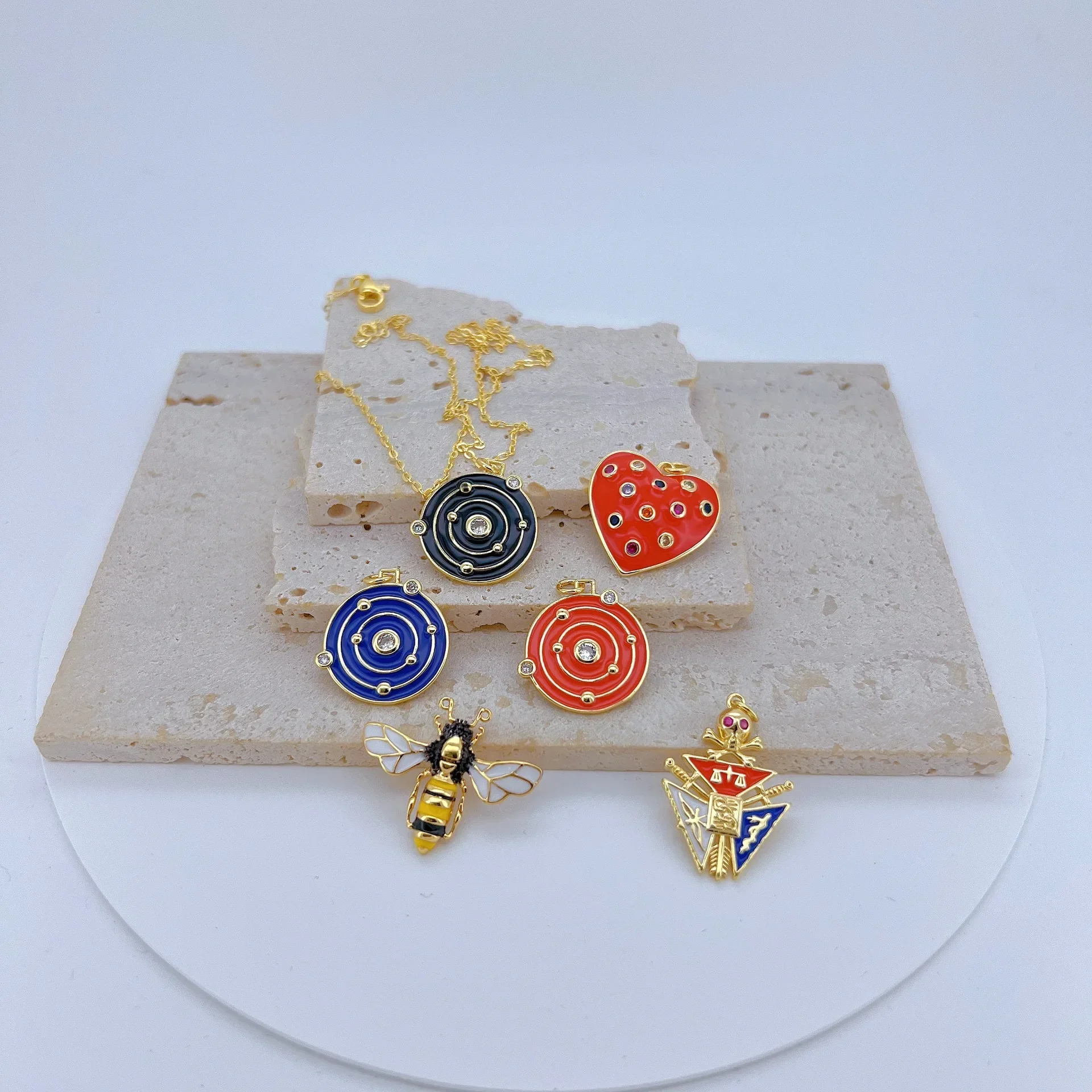 LJRIVER for Diy Jewelry Accessories Enamel Pendant Round Heart Bee Skull Shape Copper Inlay Zircon Earrings Necklace Making 2Pcs