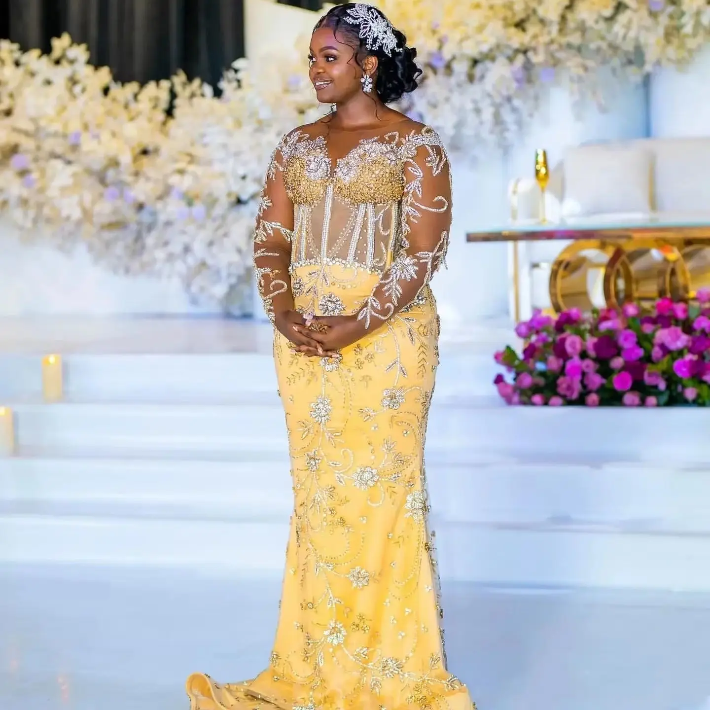 

Gold Illusion Mermaid Prom Dress with Rhinestones Full Sleeves Lace Evening Formal Gown for Party Second Reception Birthday