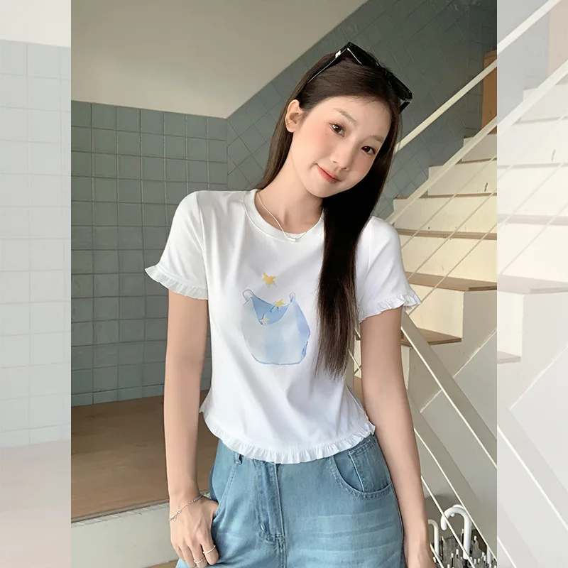 

Summer Beautiful Ruffled Edge Printed Casual Short Sleeve T-Shirt for Women Summer 2025 New Design Slim Fit Top