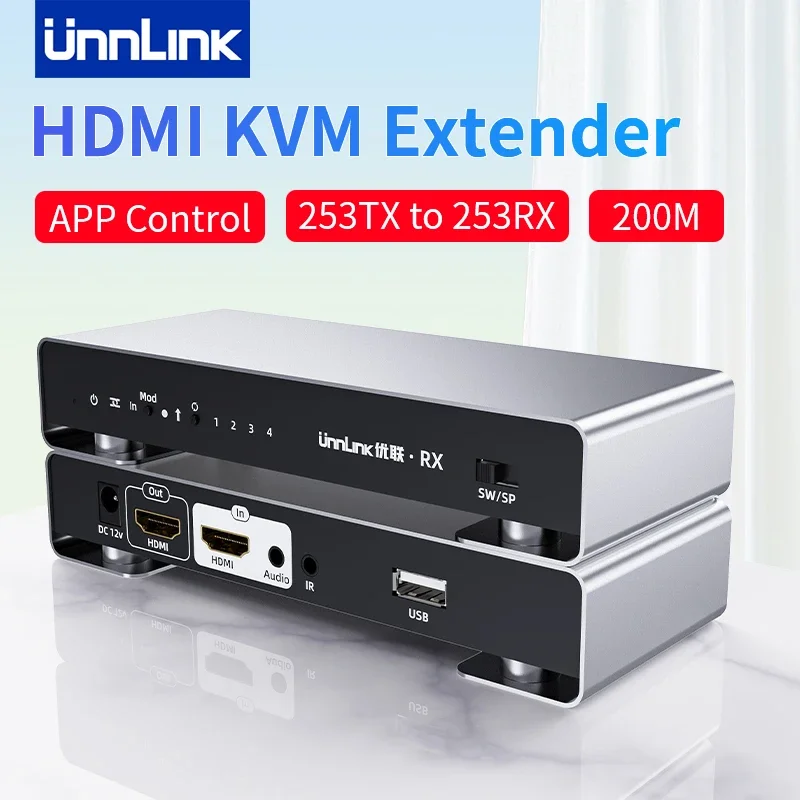 Unnlink 200M HDMI KVM Extender Over IP Rj45 Cat6 USB Ethernet Extender 656FT 1080P 60Hz for NVR Camera Monitoring Network Switch