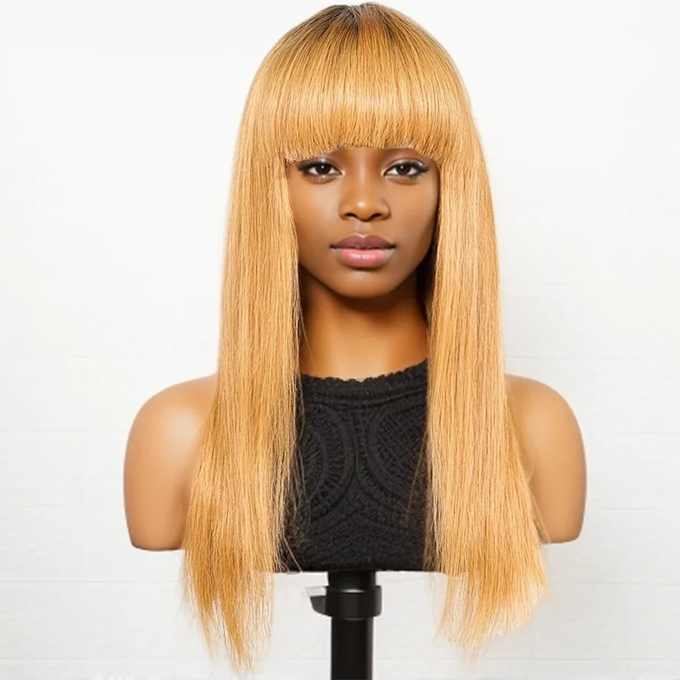 

1B/30 Straight Full Machine Made Wig With Bangs 100% Human Hair Wigs For Women 250% Light Brown Brazilian 8-34" Long Fringe Wigs