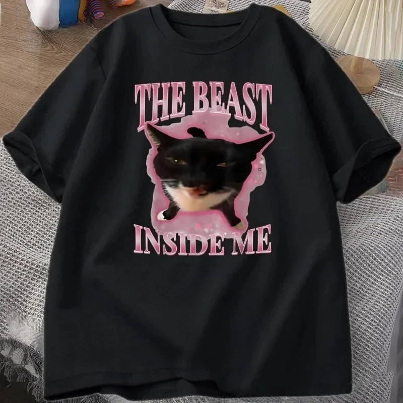 The Beast Inside Me T-shirts for Women Cute Silly Cat Funny Humor Short Sleeve Round Neck Women Aesthetic Clothes
