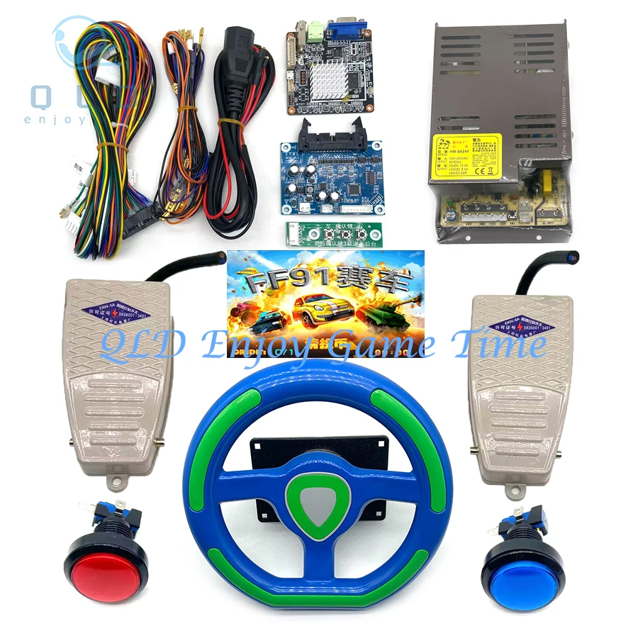 Arcade Cabinet Children FF91 Racing Game Driving Simulator Machine DIY Kit, Part Mainboard Board, Steering Wheel, Wiring Cable