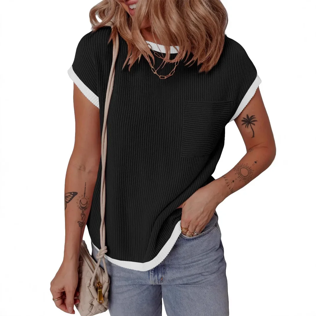 T-shirt da donna a contrasto di colore casual con top a righe intrecciate lavorato a maglia con scollo tondo estivo 2025