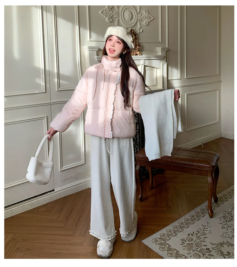 Sweet Pink Bow Stand Collar Puffer Jacket Women Korean Lace Spliced Thick Outerwear Students Winter Warm Cropped Cotton Jackets
