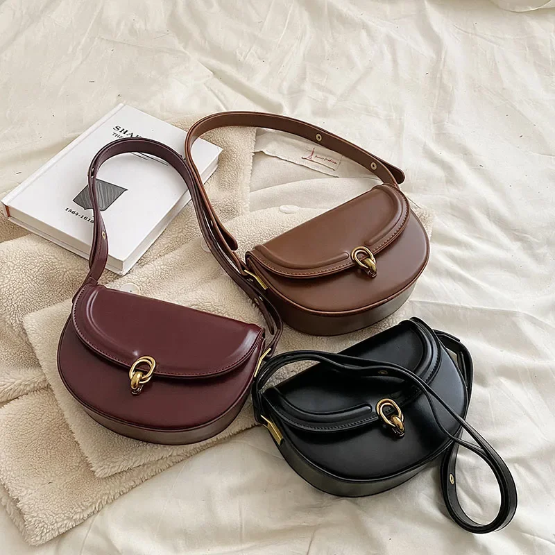 2024 Trend Fashion PU Leather Small Shoulder Handbags and Purses Solid Vintage Bag Saddle Crossbody Bags for Women