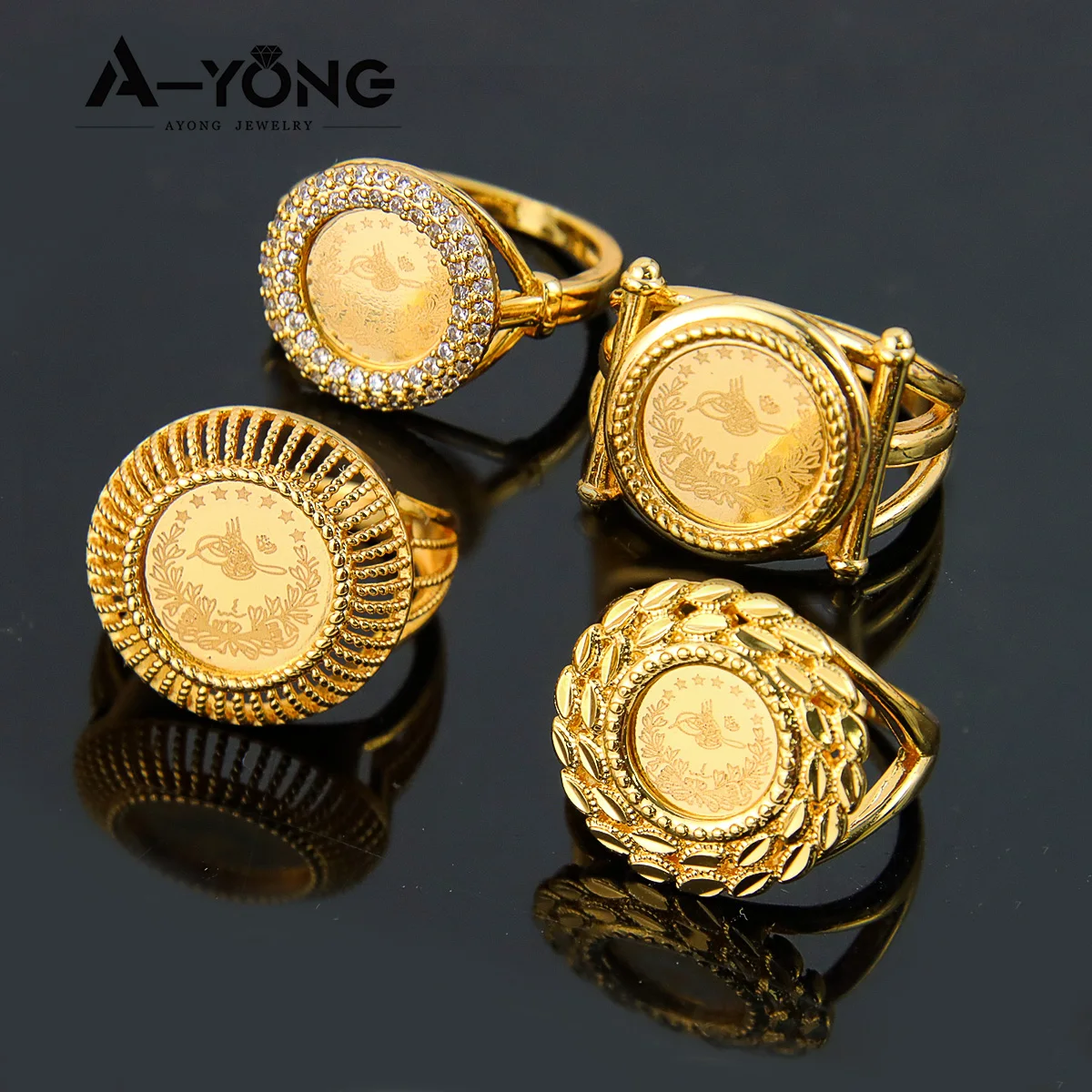 Arabic Muslim Gold Coins Rings 21k Gold Plated Dubai Fashion Zirconia Couples Ring Turkish Women Bridal Wedding Vintage Jewelry