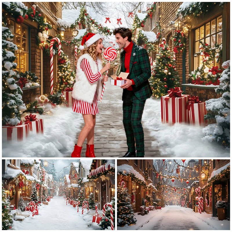 Christmas Decorations Photography Backdrops Snowy Street Candy Cane Gifts Xmas Tree Kids Family Holiday Celebration Backgrounds