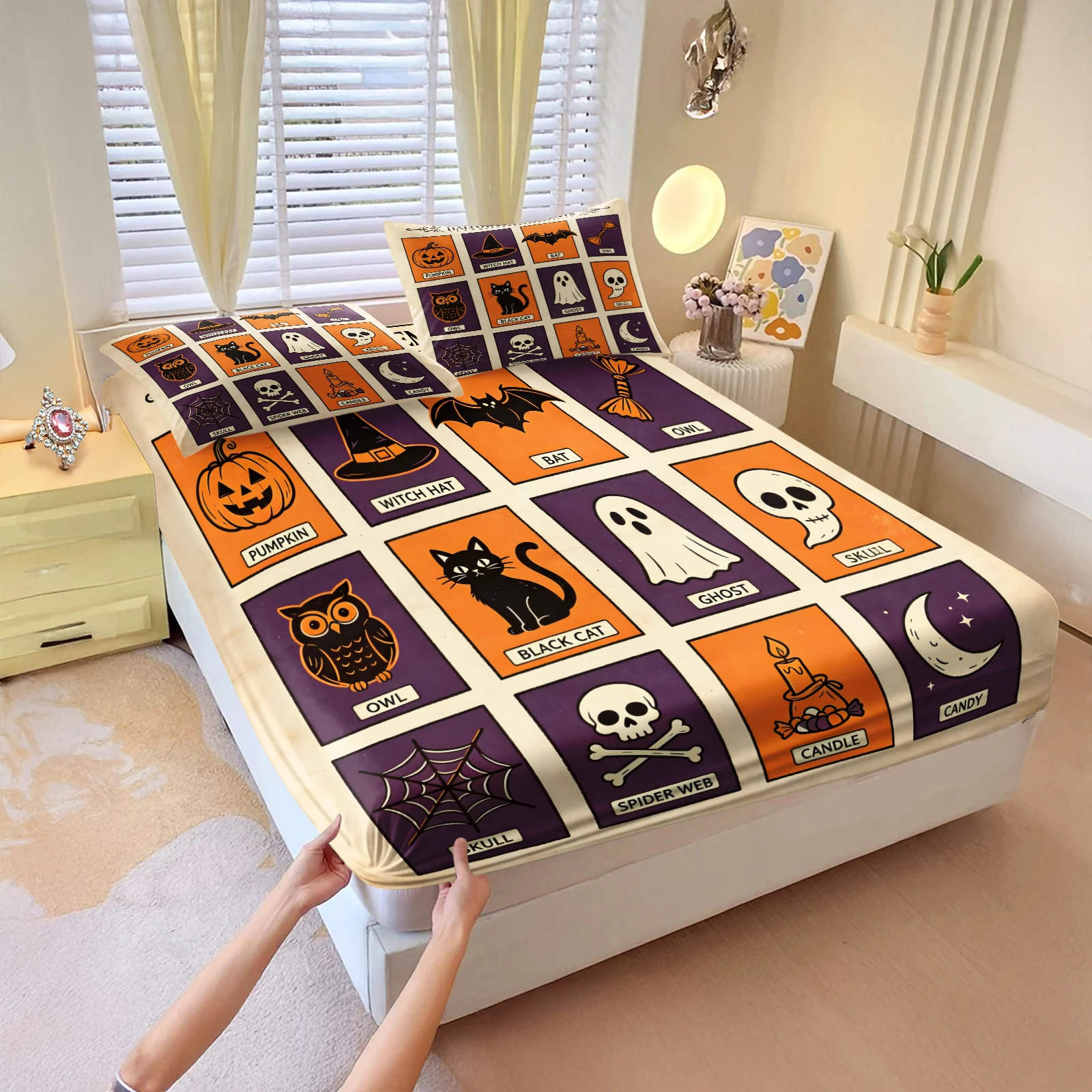 Halloween Tarot Card Fitted Sheet Set Pumpkin Ghost Black Cat Bed Sheet with Pillowcase Elastic Mattress Cover Home Bedding