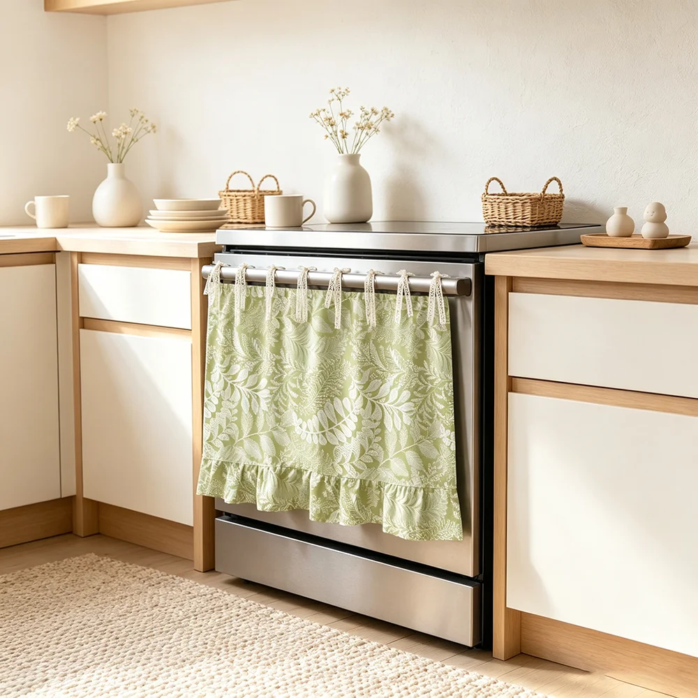 1pc Dishwasher Cover Curtain Green Foliage Print Lace Tie Ruffle Skirt Dustproof Machine Kitchen Home Decor Oven Shield Curtain