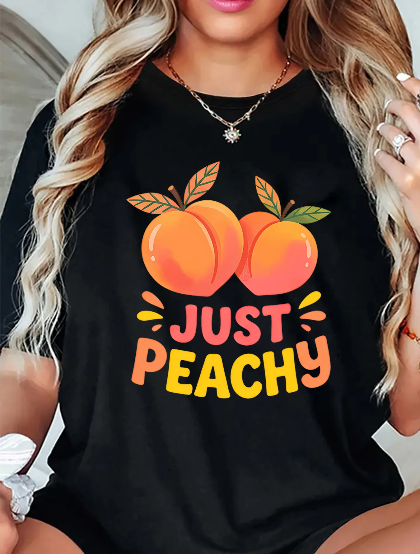 Sweet Summer Harvest Fruit Basket Peach Orange Strawberry Graphic Womens T Shirt Short Sleeve Crew Neck Casual Ladies Tee Tops