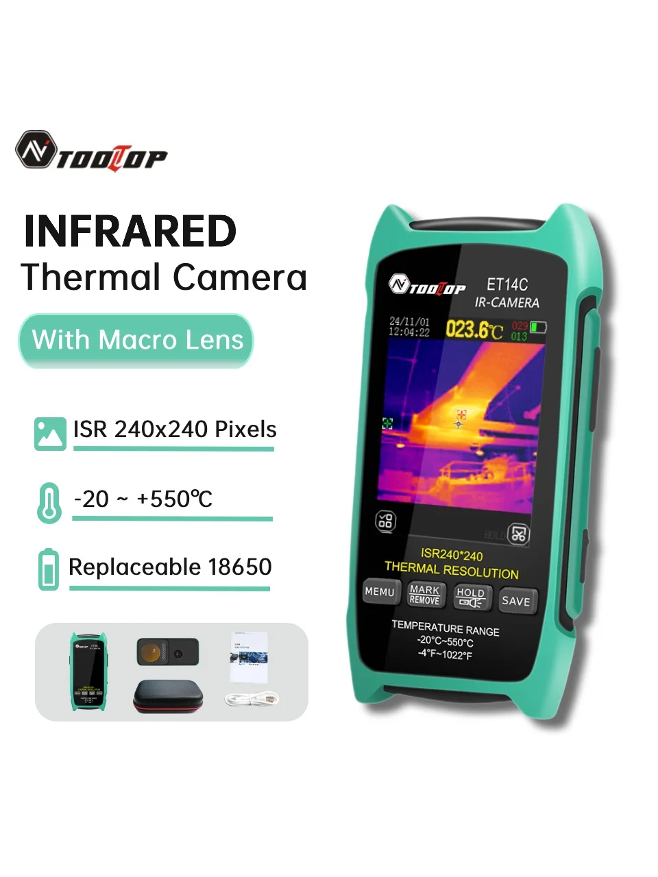 Kamera termowizyjna TOOLTOP ET14C, 2,8 cala, przenośna kamera termowizyjna do PCB z obiektywem makro do inspekcji HVAC, ogrzewania podłogowego, kamera na podczerwień — 2