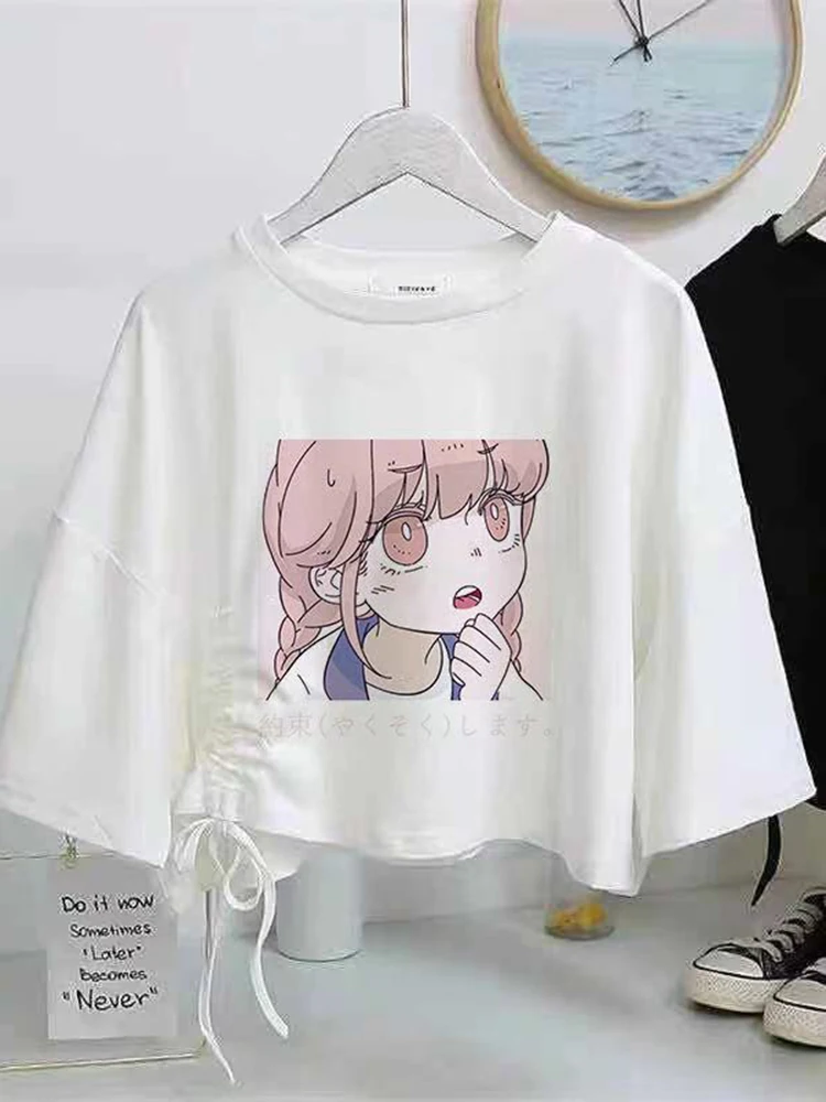 Summer Women T Shirt Casual O-Neck Short Sleeve Printed Short Tee Girls Kwaii Cute Bow Loose Tops Female Graphic White t shirt