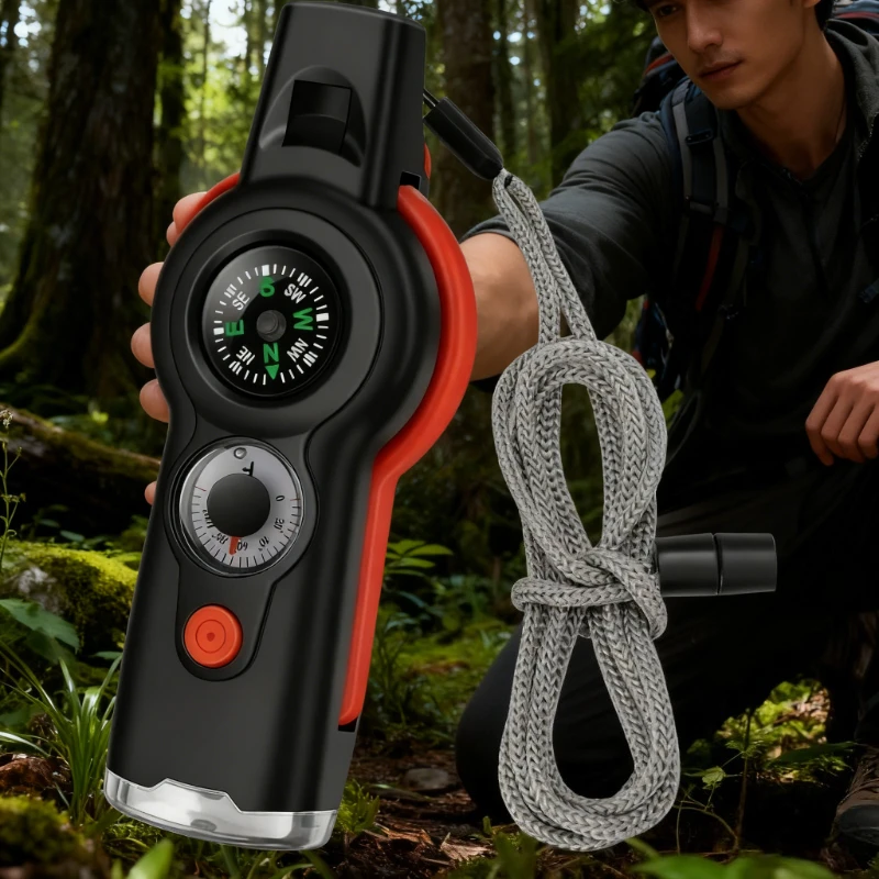 7 في 1 وظيفة النجاة في حالات الطوارئ في الهواء الطلق متعددة الوظائف صافرة الإنقاذ مع الحبل البوصلة مصباح يدوي التخييم تنزه #1