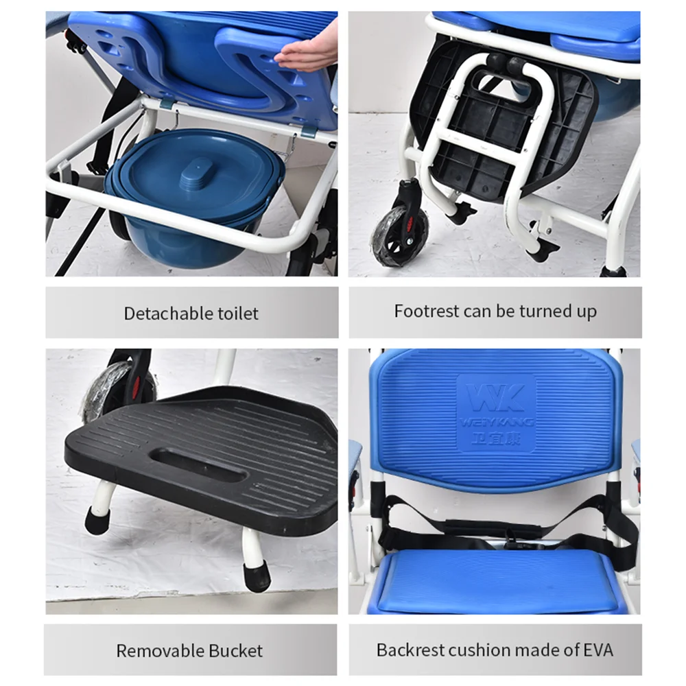 Coolfull Shower Chair with Footrest Handbrake, Anti-Tip for Bedroom Foldable Commode Toilet Chair with Wheels for Elderly