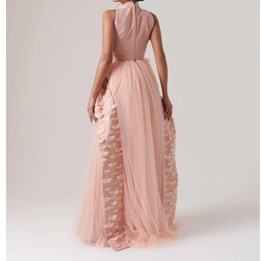 A-Line Zipper Back Flowers Floor Length High Neckline Sweep Train Exquisite Custom Size Evening Dresses Tulle Sleeveless