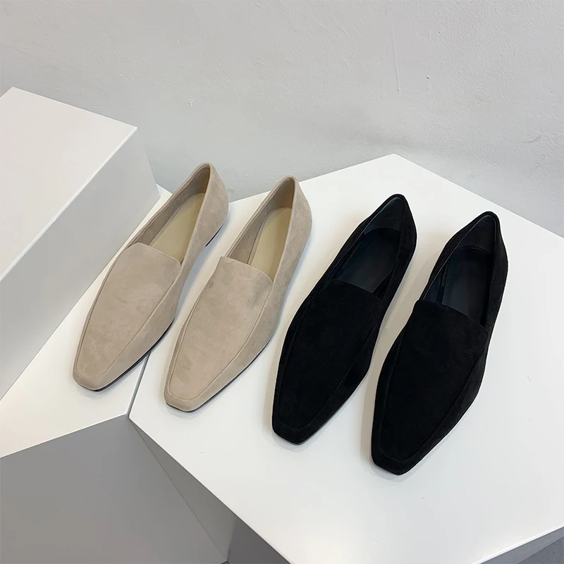 

2022 New Sheep Suede Leather Comfortable Simple Casual Square Toe Flat One Pedal Loafers Single Shoes Women