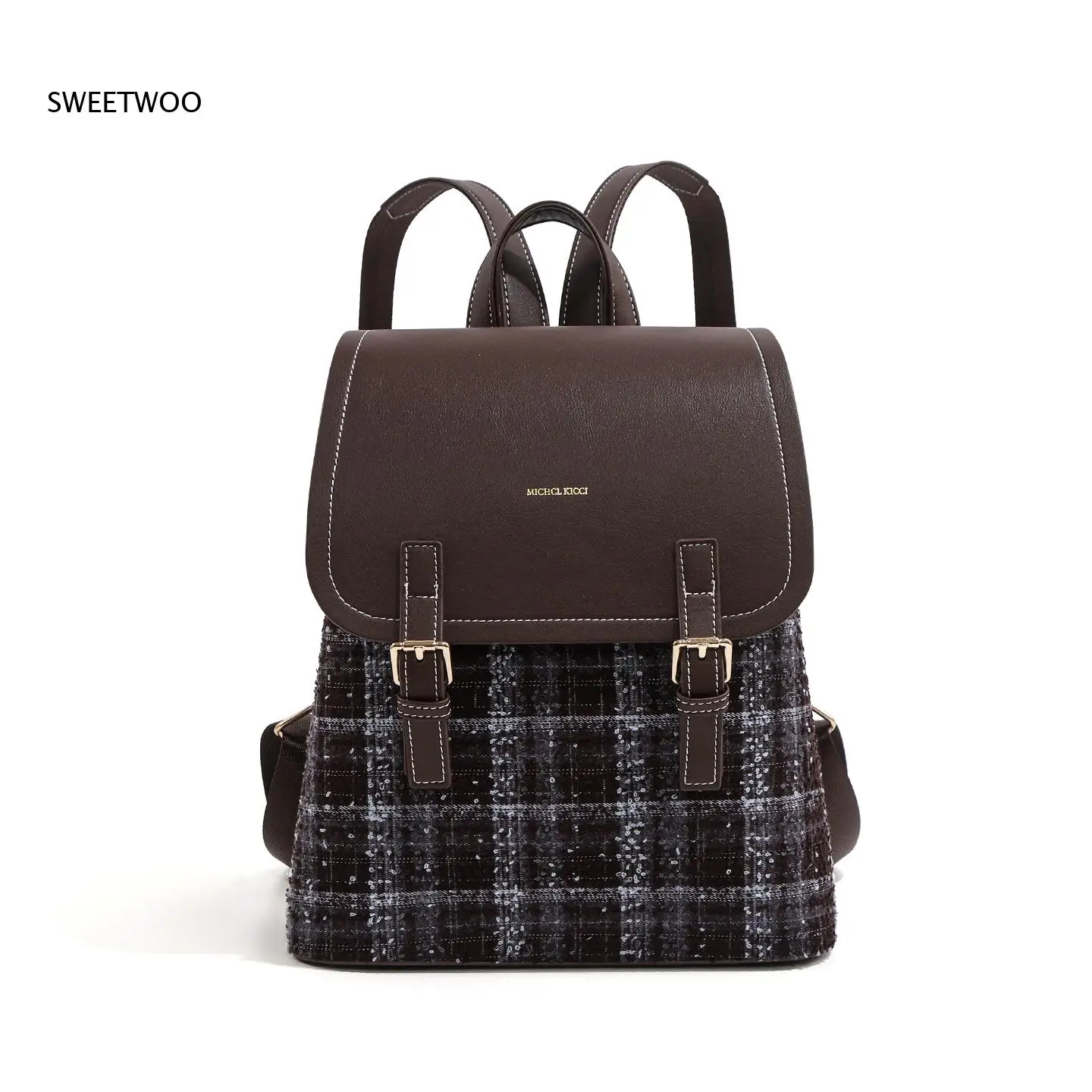 Women Vintage Tweed Plaid Backpack Faux Leather Flap Cover Double Buckle Decor Classic Daily School Travel Rucksack
