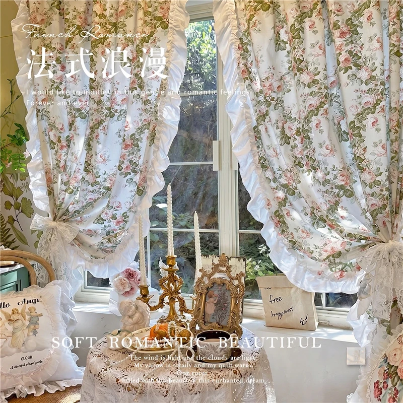 Idyllic French Retro Flowers Curtains Cloth for Living Room Floral Warp Ruffled Curtains for Kitchen Semi-Blackout Curtains#A708