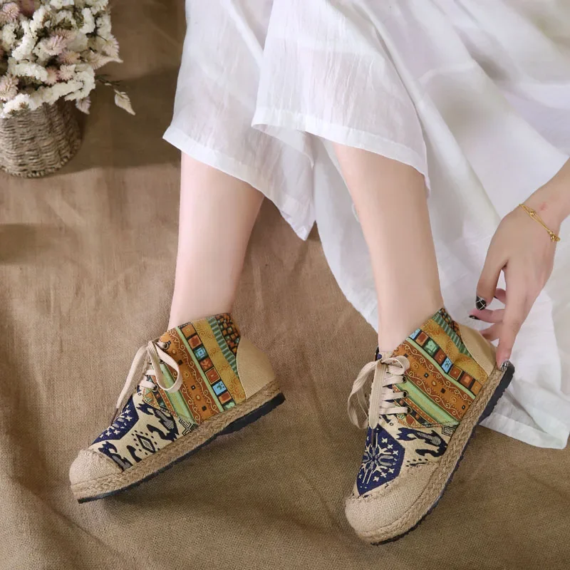 2023Women Shoes Boho Cotton Linen Canvas Single National Woven Round Toe Lace Up Cloth Shoes Woman Flats Size 35-40