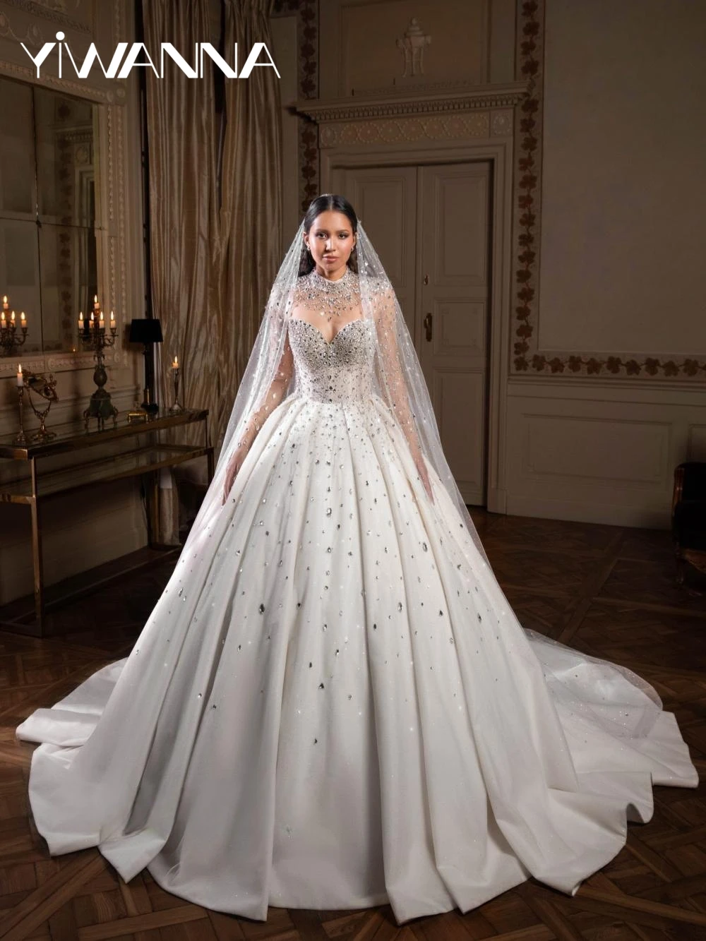 

Stunning Silver Crystal Princess Wedding Dress Illusion High Collar Long Bridal Gown Customized Exquisite Dresses For Bride