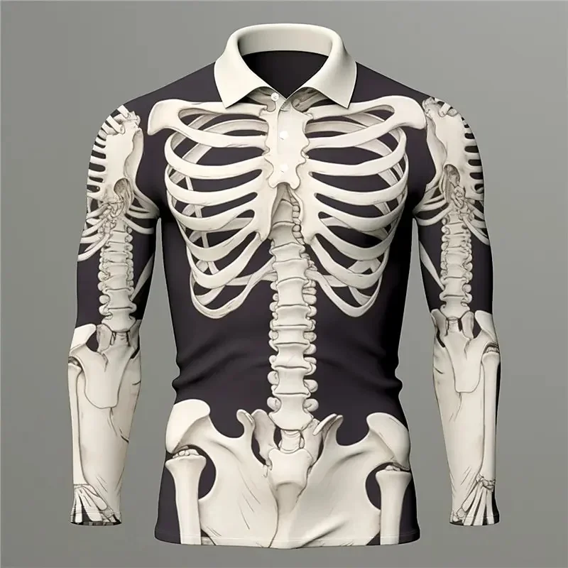 Men's 3D Skeleton Bone Print Long Sleeve Polo Shirt Turn Down Collar Halloween Street Casual Daily Tops