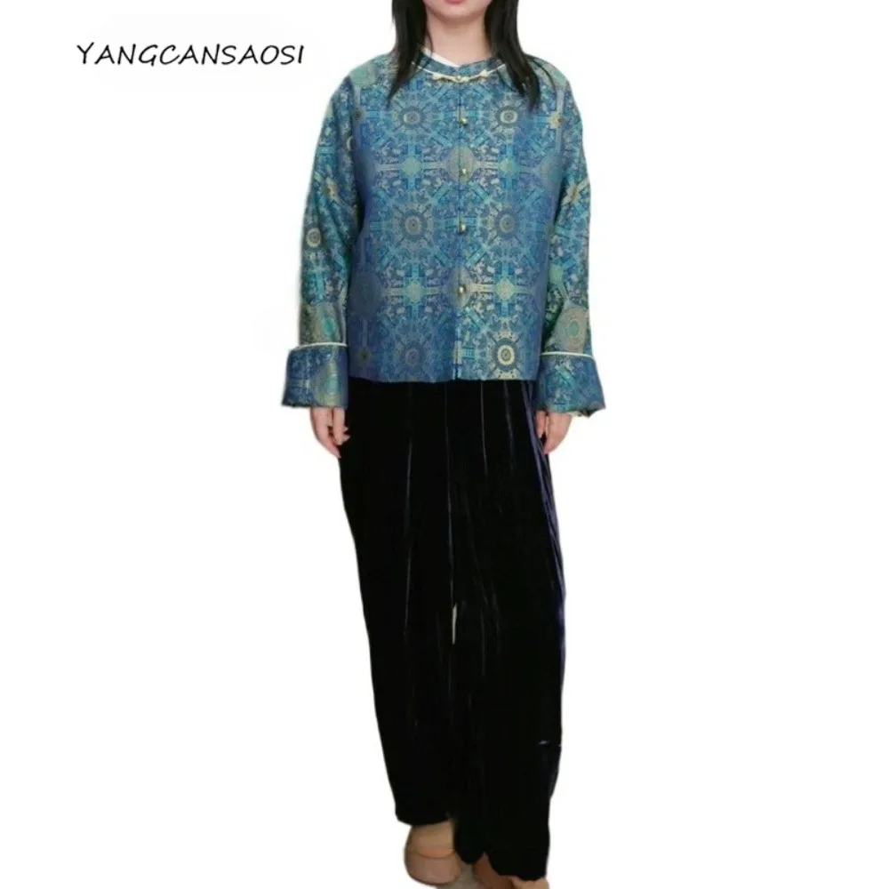 2025 Women's Fashion Clothing Blue Printed Natural Mulberry Silk Song Brocade Round Neck Long Sleeve New Chinese Style Coat