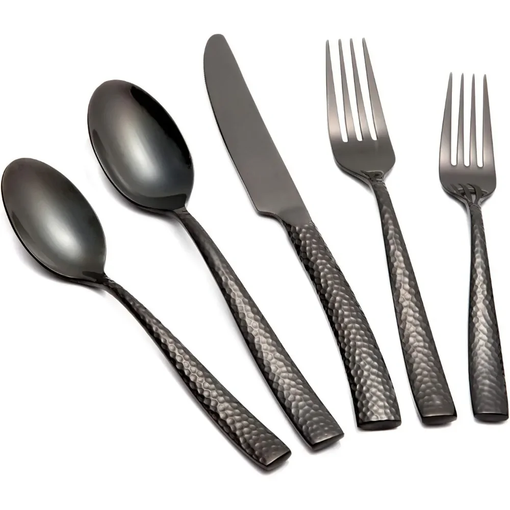 Silverware Set Black Flatware Set Hammered Stainless Steel Cutlery Set Mirror Finished 60 Pieces Home Faimily Use Service for 12