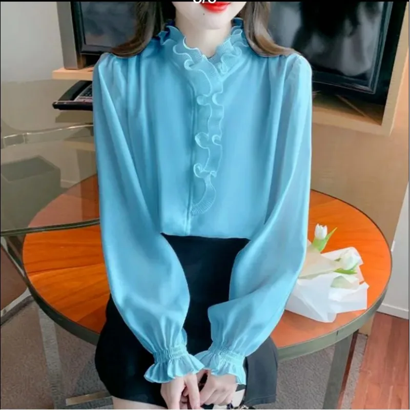 2024 spring autumn New Women\'s Solid Color Chic Slim Blouses Fashion Spliced Ruffled Neck Shirring Long sleeved Chiffon Shirts