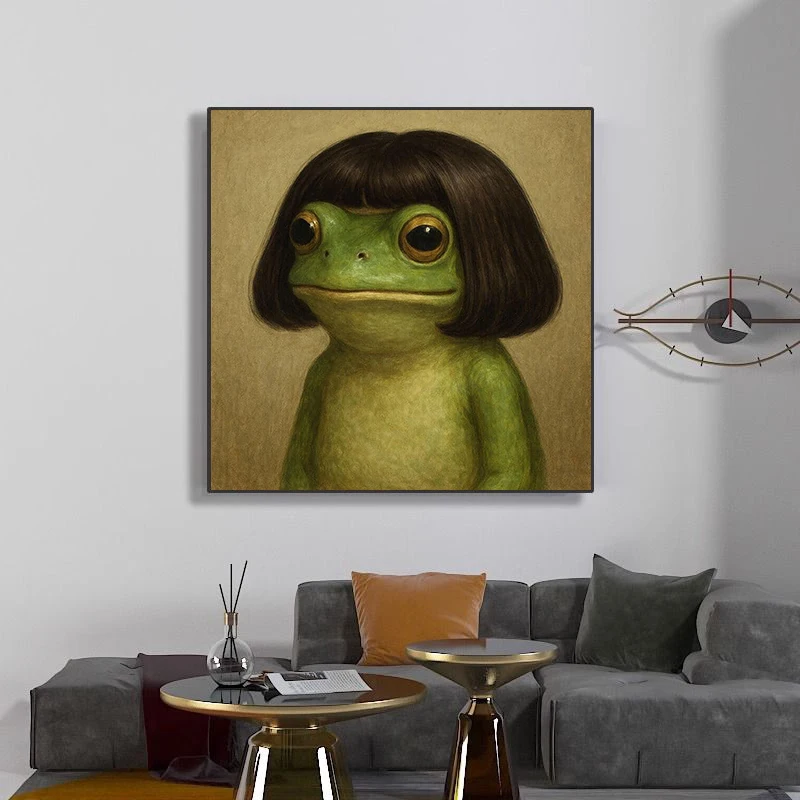 Frog with Bob Haircut Wall Art Poster  Print Whimsical Frog Portrait Canvas Painting for Living Room Home Decor Cuadros