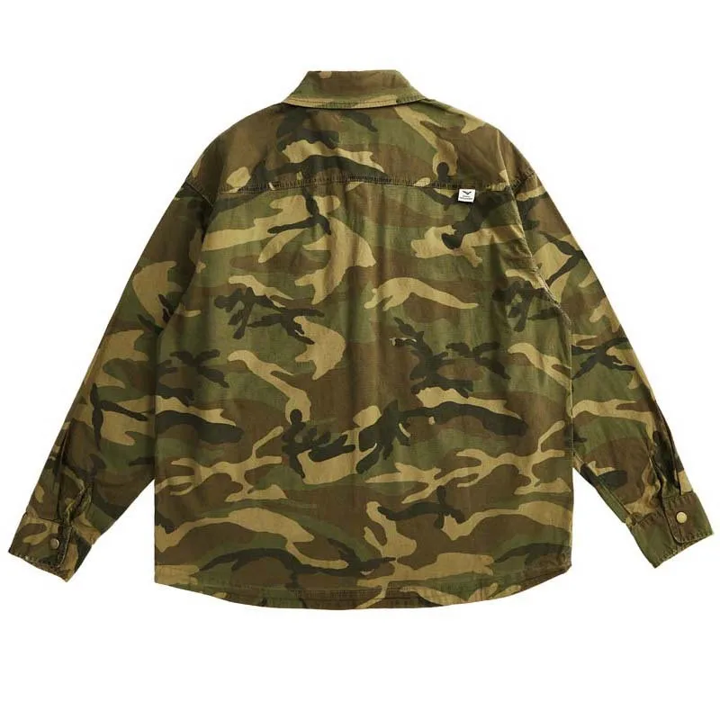 Mens Camouflage Cargo Shirt Long Sleeve Shirts Outdoor Workwear Tops Loose Fit Oversized Hip Hop Clothing