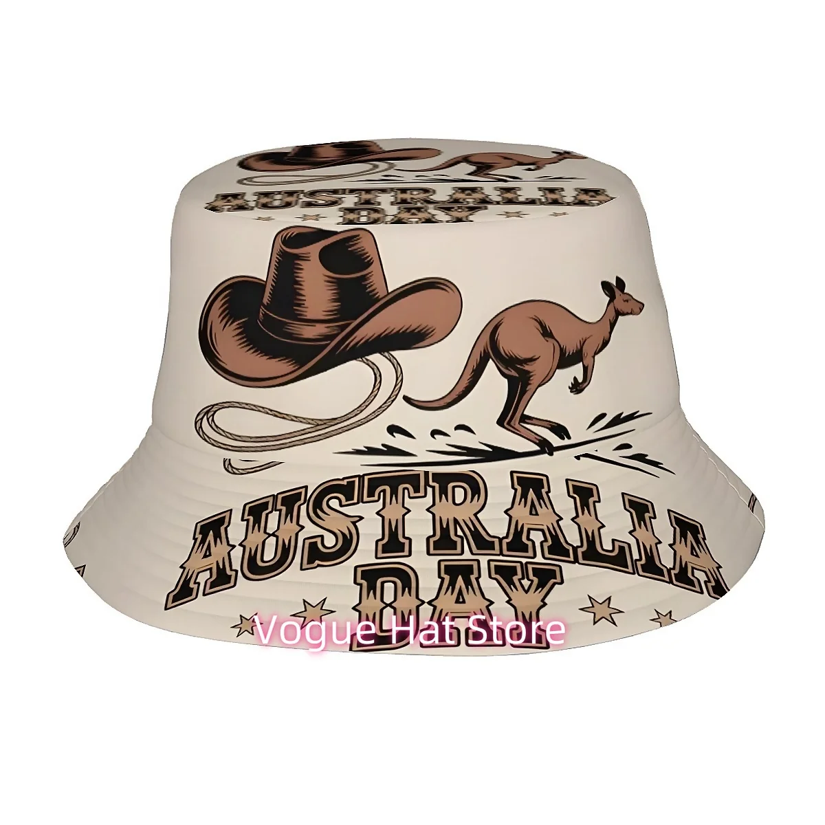 Unisex Printed Fisherman Hat Featuring a Pattern of Kangaroos And Cowboy Hats, Perfect for Australia Day. This Stylish Bucket Ha