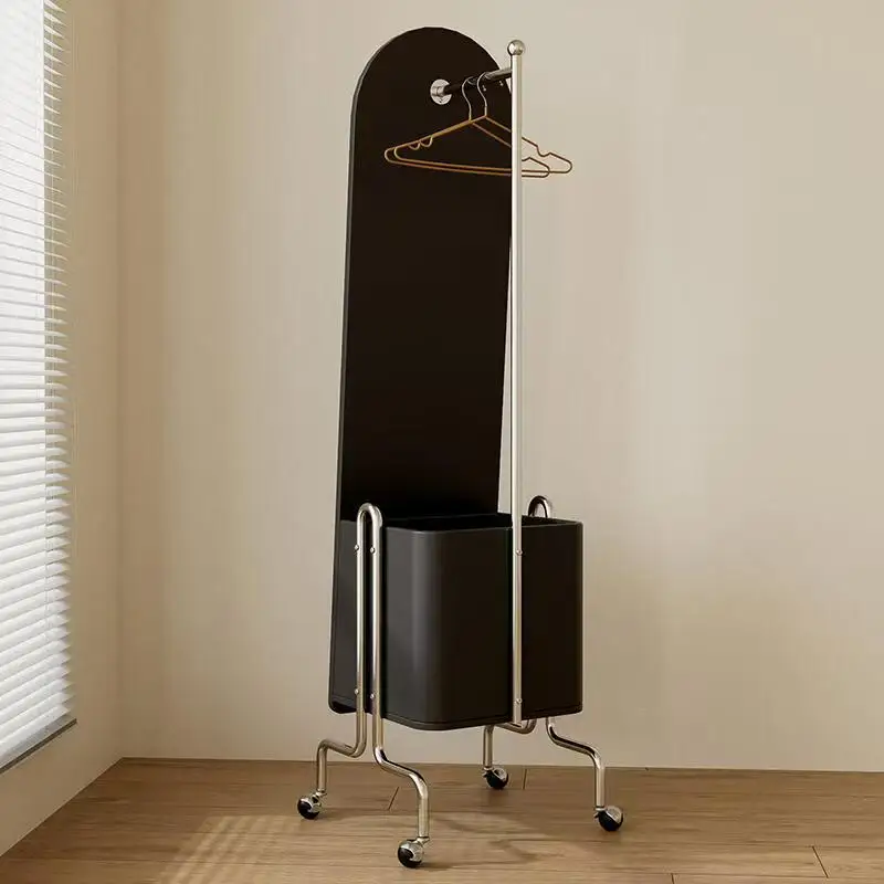 Movable full-length mirror full-body hanger integrated bedroom cream wind rotating floor coat rack with mirror household