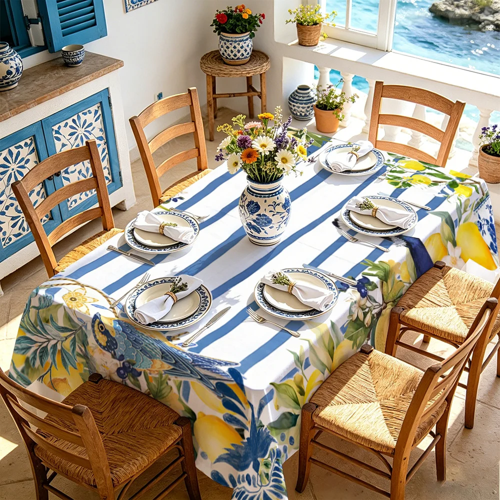 One summer blue and white striped lemon print tablecloth, farmhouse country style tablecloth and coffee table cover cloth