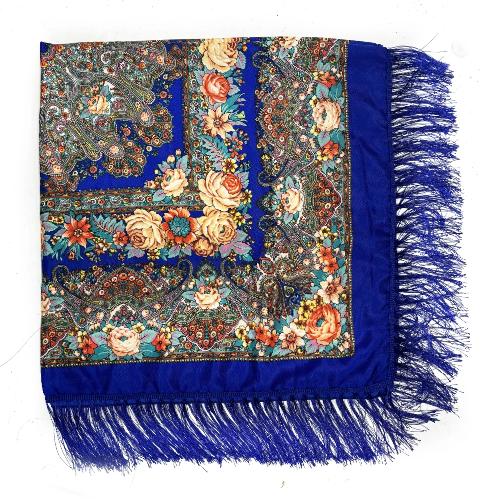 130*130 cm Luxe Bloemenprint Omzoomd Oekraïense Sjaal Vrouwen Russische Nationale Vierkante Sjaal Babushka Zakdoek Hoofd Wraps