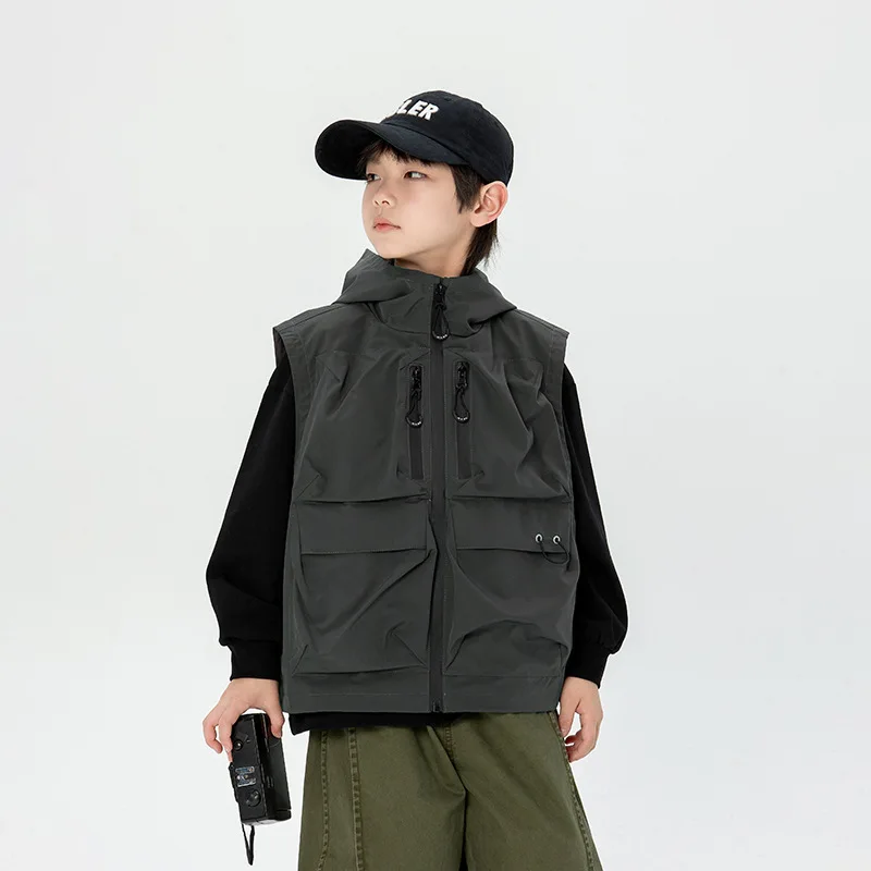 2026 New Spring Autumn Boys Cargo Vest Waistcoat Japanese Style Kids Cargo Vest Functional Multi Pocket Sleeveless Jacket