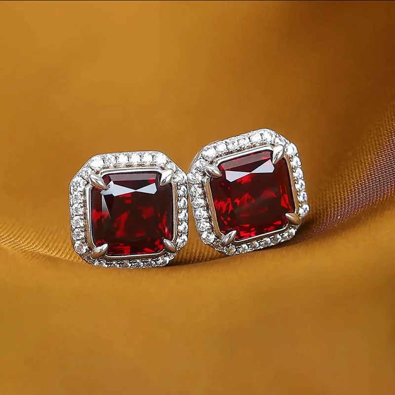 Huitan Square Shaped Red Cubic Zirconia Stud Earrings Women Silver Color Temperament Accessories Fancy Gift for Wedding Jewelry