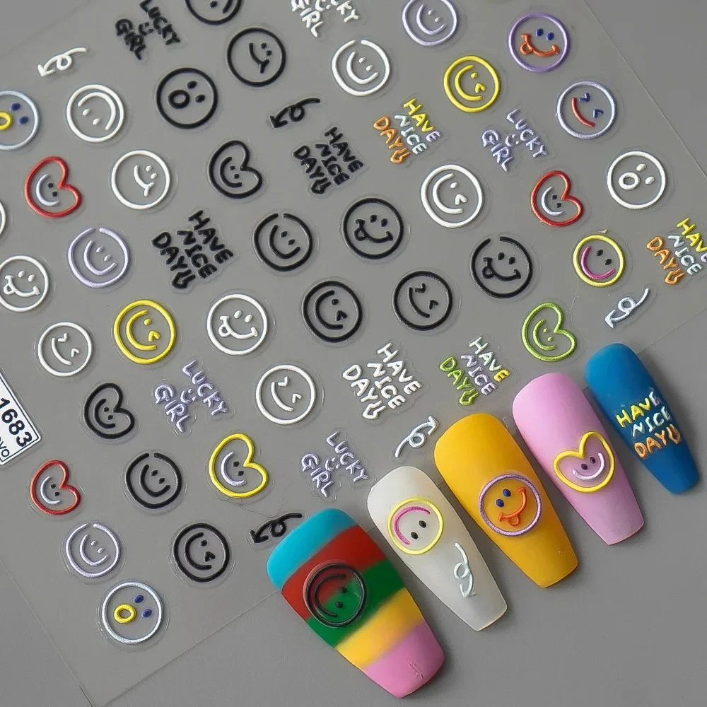 5D Squisiti adesivi per unghie con volto sorridente Decalcomanie autoadesive in rilievo Dopamina Decorazioni carine per nail art