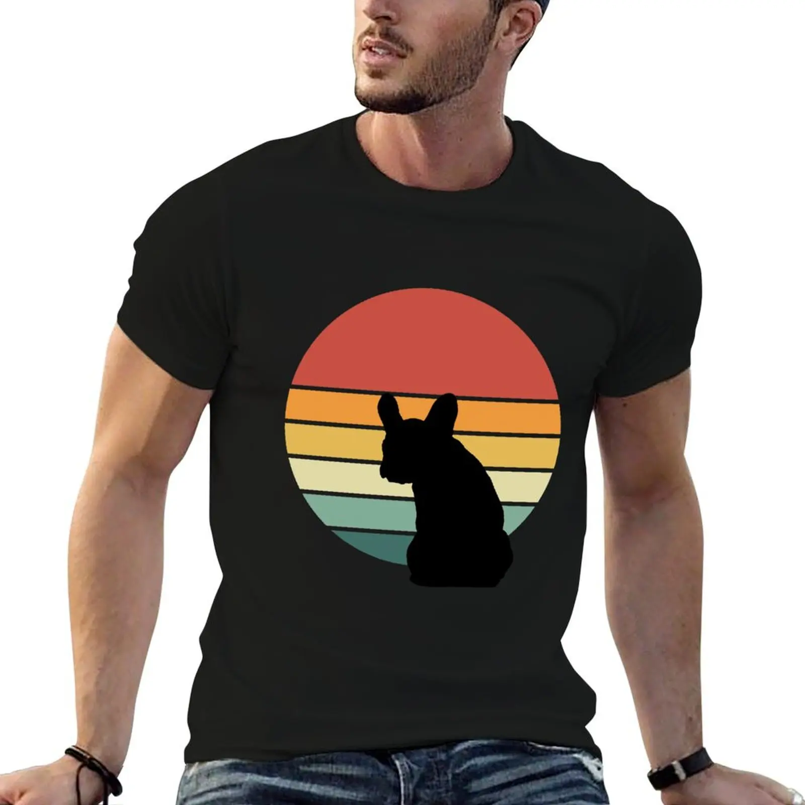 

French bulldog lovers, frenchie mon, frenchie dad, frenchie on vintage sun T-Shirt men t shirt cotton 100% T-Shirt