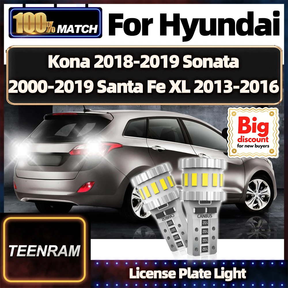 TEENRAM For Hyundai Kona 2018-2019 Sonata 2000-2019 Santa Fe XL 2013-2016 2X Car LED License Plate Light Bulb License Plate Lamp