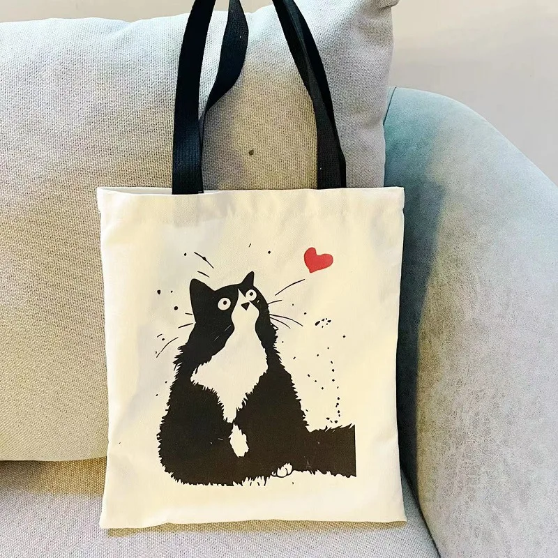 Fried Hairy Cat Can Be Shoulder Handheld Reusable Cute Cat Cartoon Campus Students Class Zip Handbag Cloth Bag