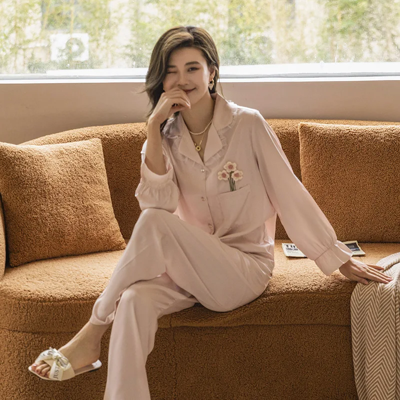 

Pink Satin Pajamas For Women Flower Button Cardigan Long Sleeved Pants Ice Silk Casual Two Piece Sleepwear Female Home Suit New