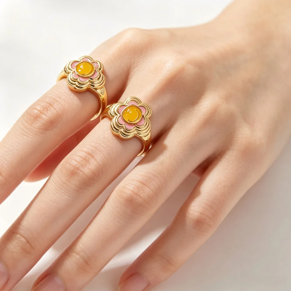 Flower Smile Face Finger Rings for Women Paved Pink Yellow Enamel 18K Gold Plated Color Fashion Jewelry Anillos Mujer for Party