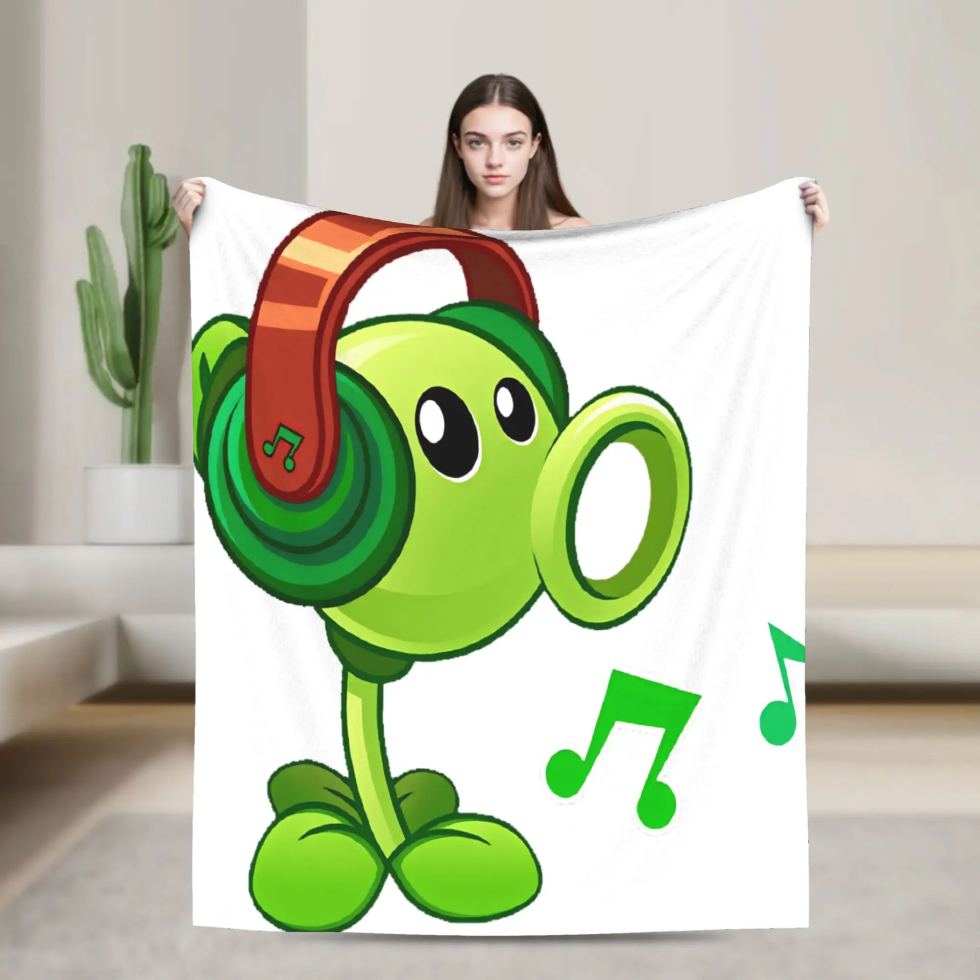Plants Vs Zombies Peashooter With Headphones Blanket Quality Soft  Throw Blanket Winter Travel Living Room Print Bedspread