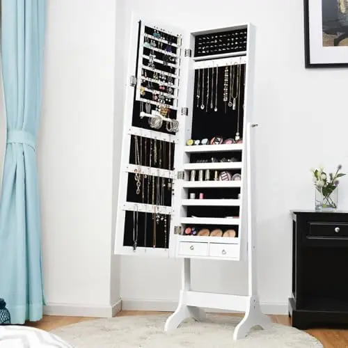 White Lockable Jewelry Cabinet With Full-Length Mirror, Velvet Interior, 48 Ring Holders, 38 Necklace Hooks, 8 Earring Trays