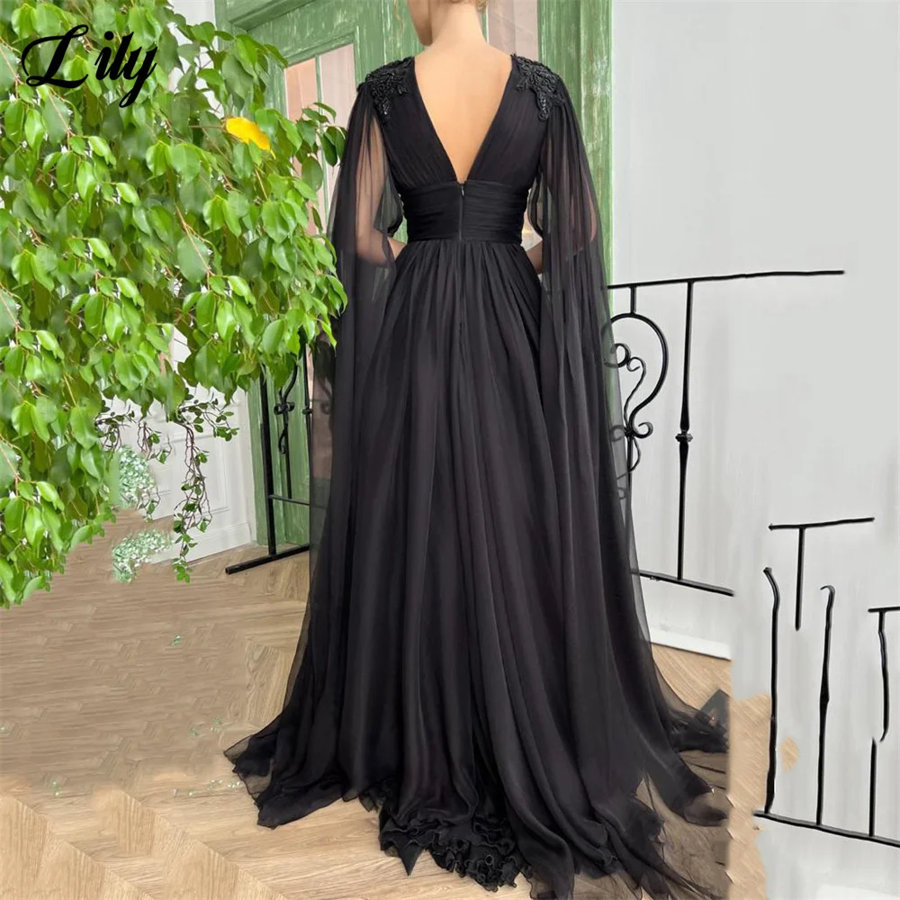 Lily Black Cape Floor Length Prom Dresses Sexy Side Split Evening Gowns Princess Tulle A-line Prom Dresses Vestidos De Fiesta