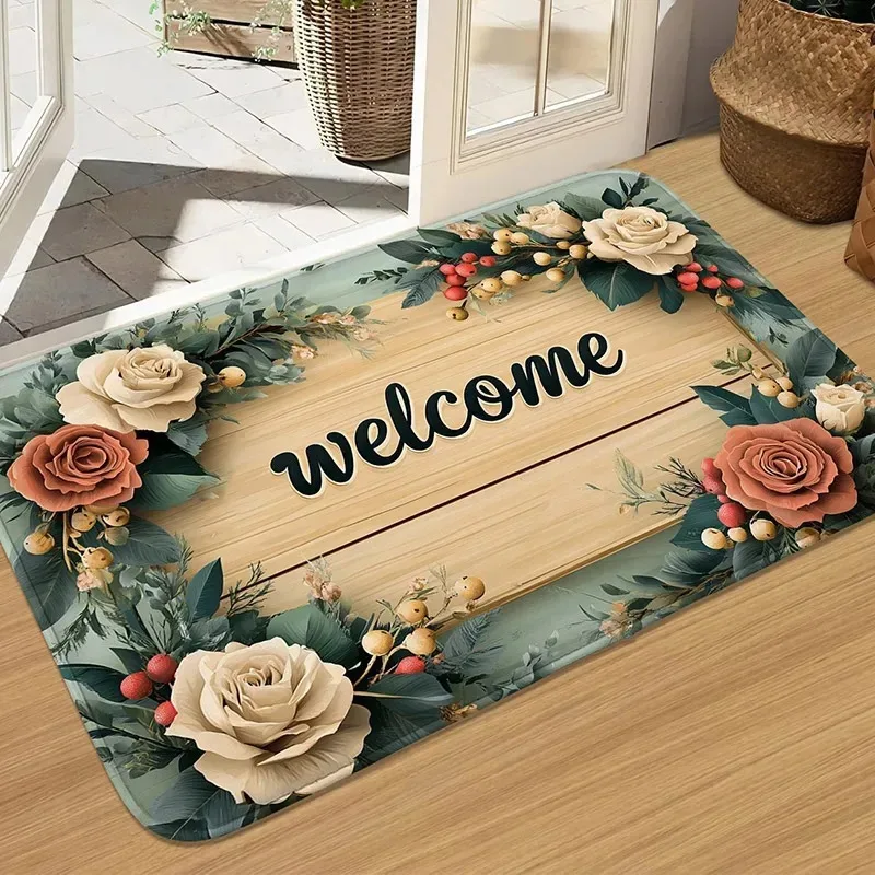 VIKAMA Vintage-Fußmatte mit Blumenmuster, Fußmatte mit Holzmaserung, geeignet für Flure, Badezimmerteppiche, Heimdekoration