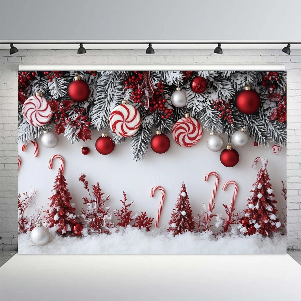 Christmas Photography Backdrop Winter Snowflake Glitter Xmas Tree Red Lollipops Bells Kids Family Xmas Party Photo Background